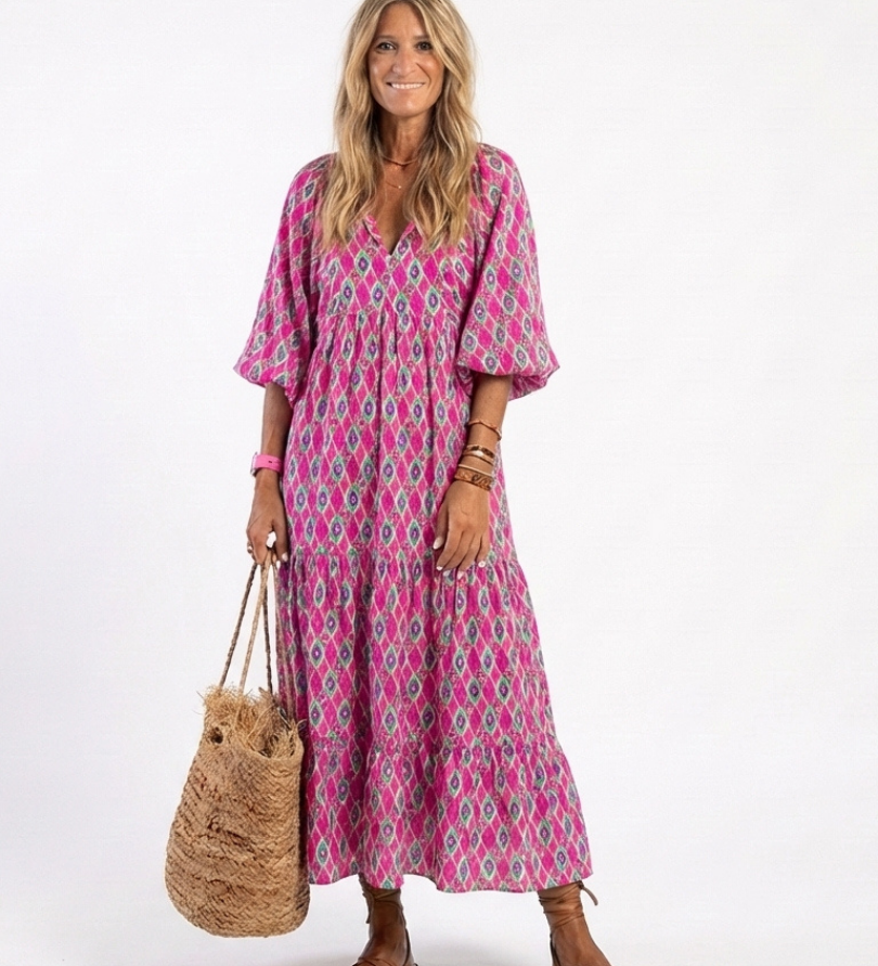 Céline | Midi haljina s uzorkom, tričetvrtaste rukave i V izrezom